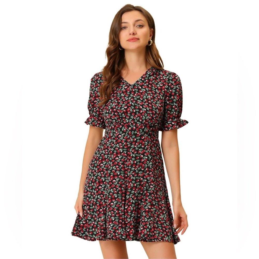 New Cherry Printed Frill V Neck Ruffle Collar Floral Short Sleeve A-Line Dress